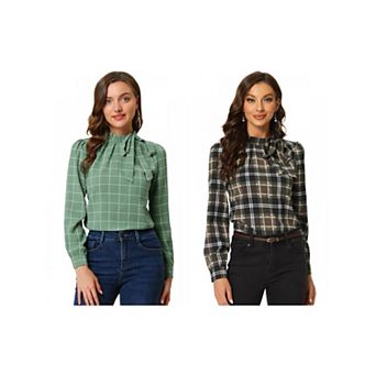 2 Packs Women's Bow Tie Neck Grid Checks Shirt Office Work Tops Blouses