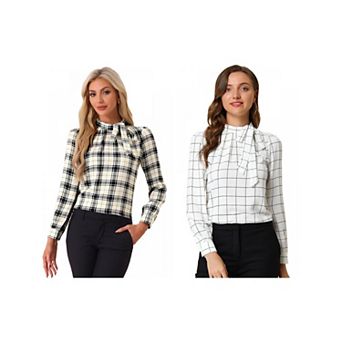 2 Packs Women's Bow Tie Neck Grid Checks Shirt Office Work Tops Blouses