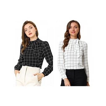 2 Packs Women's Bow Tie Neck Grid Checks Shirt Office Work Tops Blouses