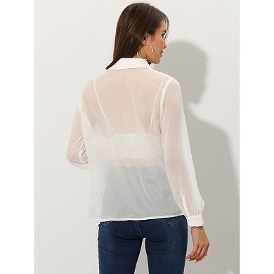 2 Packs Women's Mesh Sheer Tops Point Collar Long Sleeve Button Down Shirt