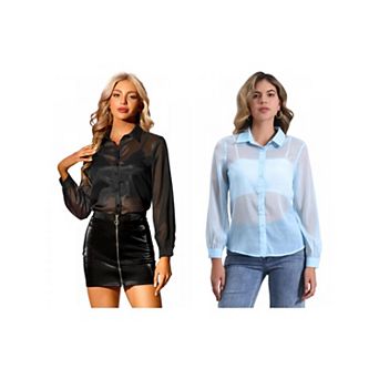 2 Packs Women's Mesh Sheer Tops Point Collar Long Sleeve Button Down Shirt