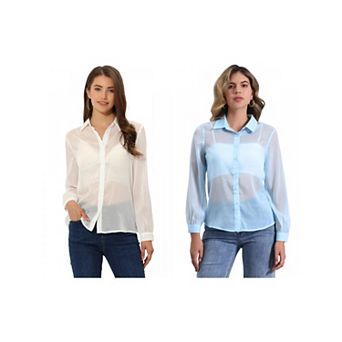 2 Packs Women's Mesh Sheer Tops Point Collar Long Sleeve Button Down Shirt