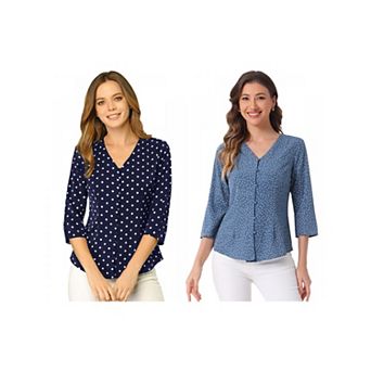 2 Packs Women's Polka Dots 3/4 Sleeve Casual Button Front Blouse Top