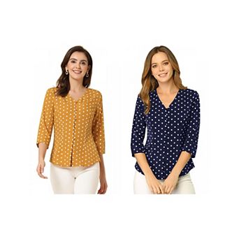 2 Packs Women's Polka Dots 3/4 Sleeve Casual Button Front Blouse Top
