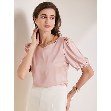 2 Packs Women's Elegant Sweetheart Neck Half Sleeve Office Work Satin Blouse Top
