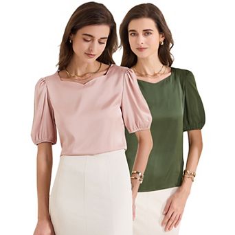 2 Packs Women's Elegant Sweetheart Neck Half Sleeve Office Work Satin Blouse Top