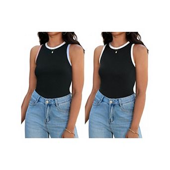 2 Packs Women's Ribbed Tank Tops Color Block Crew Neck Sleeveless Casual Shirts Slim Fitted Tops