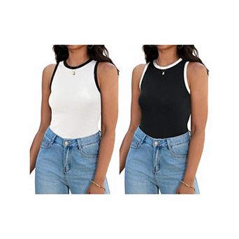 2 Packs Women's Ribbed Tank Tops Color Block Crew Neck Sleeveless Casual Shirts Slim Fitted Tops