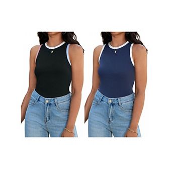 2 Packs Women's Ribbed Tank Tops Color Block Crew Neck Sleeveless Casual Shirts Slim Fitted Tops
