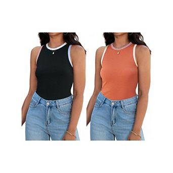 2 Packs Women's Ribbed Tank Tops Color Block Crew Neck Sleeveless Casual Shirts Slim Fitted Tops
