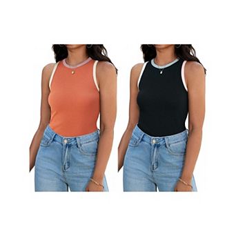 2 Packs Women's Ribbed Tank Tops Color Block Crew Neck Sleeveless Casual Shirts Slim Fitted Tops
