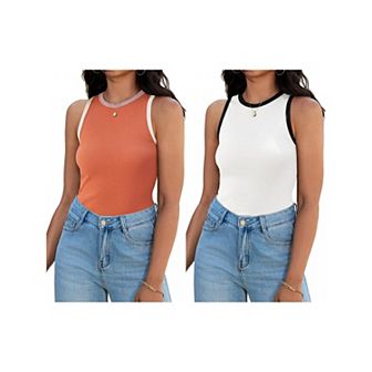 2 Packs Women's Ribbed Tank Tops Color Block Crew Neck Sleeveless Casual Shirts Slim Fitted Tops