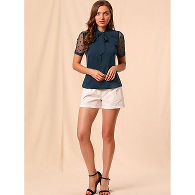 2 Packs Women's Bow Tie Neck V Neck Stand Collar Short Mesh Sleeve Blouse