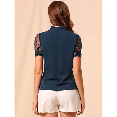 2 Packs Women's Bow Tie Neck V Neck Stand Collar Short Mesh Sleeve Blouse