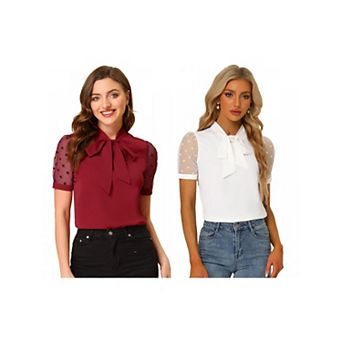 2 Packs Women's Bow Tie Neck V Neck Stand Collar Short Mesh Sleeve Blouse