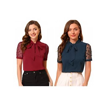 2 Packs Women's Bow Tie Neck V Neck Stand Collar Short Mesh Sleeve Blouse