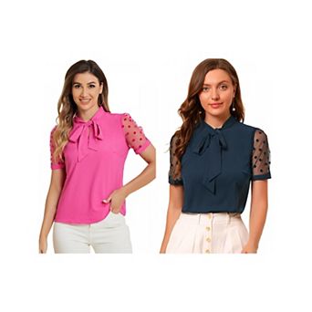 2 Packs Women's Bow Tie Neck V Neck Stand Collar Short Mesh Sleeve Blouse