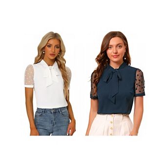 2 Packs Women's Bow Tie Neck V Neck Stand Collar Short Mesh Sleeve Blouse
