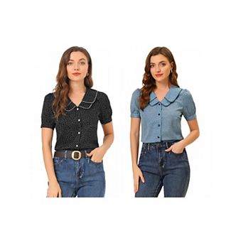 2 Packs Women's Polka Dots Peter Pan Collar Short Sleeve Summer Shirt Top