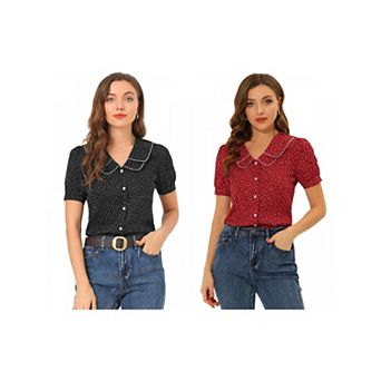 2 Packs Women's Polka Dots Peter Pan Collar Short Sleeve Summer Shirt Top