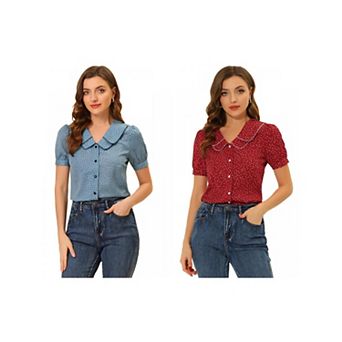 2 Packs Women's Polka Dots Peter Pan Collar Short Sleeve Summer Shirt Top