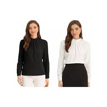 2 Packs Fall Winter Stand Collar Chiffon Blouse for Women Long Sleeve Business Casual Work Shirt