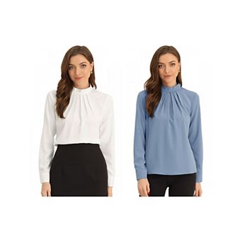 2 Packs Fall Winter Stand Collar Chiffon Blouse for Women Long Sleeve Business Casual Work Shirt