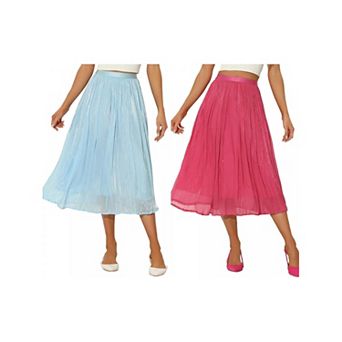 2 Packs Pleated Midi Skirt for Women's Elastic Waist Casual Accordion Skirt