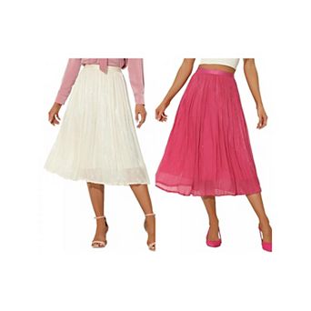 2 Packs Pleated Midi Skirt for Women's Elastic Waist Casual Accordion Skirt
