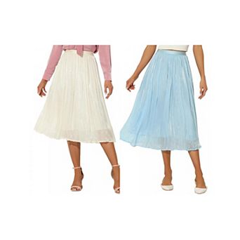 2 Packs Pleated Midi Skirt for Women's Elastic Waist Casual Accordion Skirt