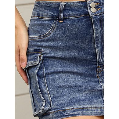 2 Packs Women's Cargo Denim Skirts Stretch Flap Pockets Button Bodycon Mini Jean Skort