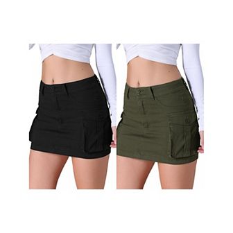 2 Packs Women's Cargo Denim Skirts Stretch Flap Pockets Button Bodycon Mini Jean Skort