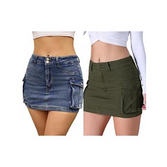 2 Packs Women's Cargo Denim Skirts Stretch Flap Pockets Button Bodycon Mini Jean Skort