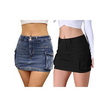 2 Packs Women's Cargo Denim Skirts Stretch Flap Pockets Button Bodycon Mini Jean Skort