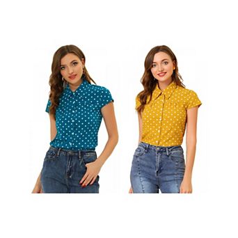 2 Packs Women's Short Sleeve Tops Vintage Polka Dots Button Up Shirt