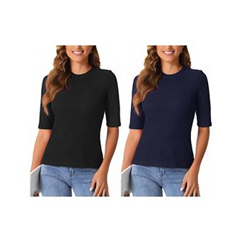 2 Packs Crew Neck Top for Women's Ruched Solid Half Sleeve Basic Casual Blouse Tops
