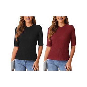 2 Packs Crew Neck Top for Women's Ruched Solid Half Sleeve Basic Casual Blouse Tops