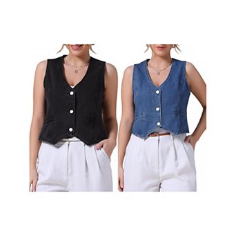 2 Packs Women's Denim Vest Sleeveless Jacket V Neck Button Down Jean Suit Vests Crop Tank Tops