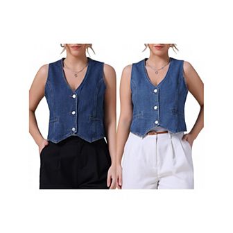 2 Packs Women's Denim Vest Sleeveless Jacket V Neck Button Down Jean Suit Vests Crop Tank Tops