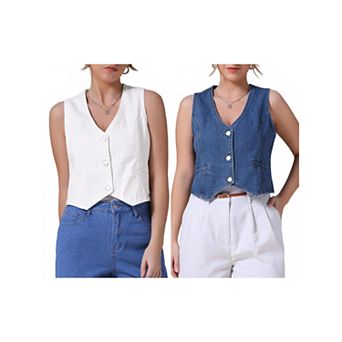 2 Packs Women's Denim Vest Sleeveless Jacket V Neck Button Down Jean Suit Vests Crop Tank Tops