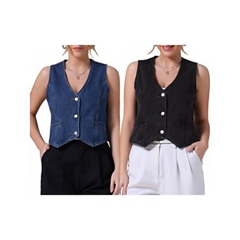 2 Packs Women's Denim Vest Sleeveless Jacket V Neck Button Down Jean Suit Vests Crop Tank Tops