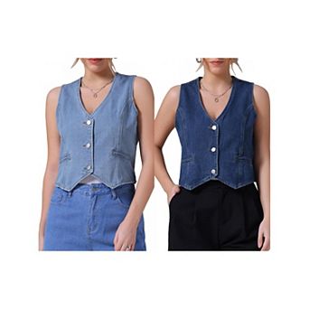 2 Packs Women's Denim Vest Sleeveless Jacket V Neck Button Down Jean Suit Vests Crop Tank Tops