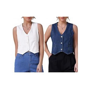 2 Packs Women's Denim Vest Sleeveless Jacket V Neck Button Down Jean Suit Vests Crop Tank Tops