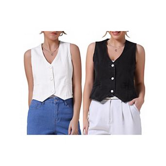 2 Packs Women's Denim Vest Sleeveless Jacket V Neck Button Down Jean Suit Vests Crop Tank Tops