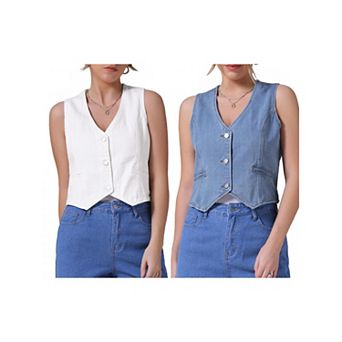 2 Packs Women's Denim Vest Sleeveless Jacket V Neck Button Down Jean Suit Vests Crop Tank Tops