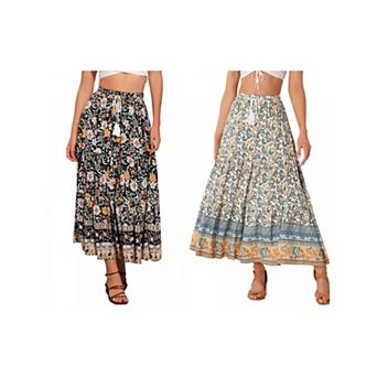 2 Packs Women's Boho Floral Skirt for Women's Tassels Elastic Waist Flowy Maxi Skirts