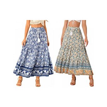 2 Packs Women's Boho Floral Skirt for Women's Tassels Elastic Waist Flowy Maxi Skirts
