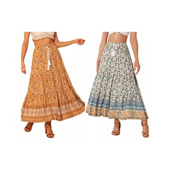2 Packs Women's Boho Floral Skirt for Women's Tassels Elastic Waist Flowy Maxi Skirts