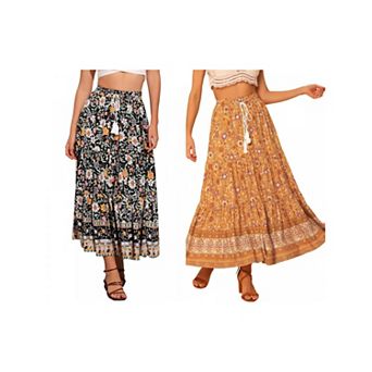 2 Packs Women's Boho Floral Skirt for Women's Tassels Elastic Waist Flowy Maxi Skirts