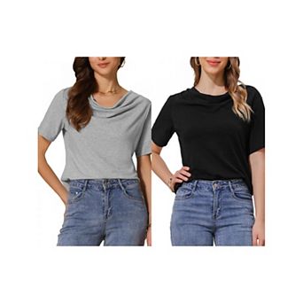 2 Packs Women's Cowl Neck Top Short Sleeve Casual Stretchy Blouse Shirts